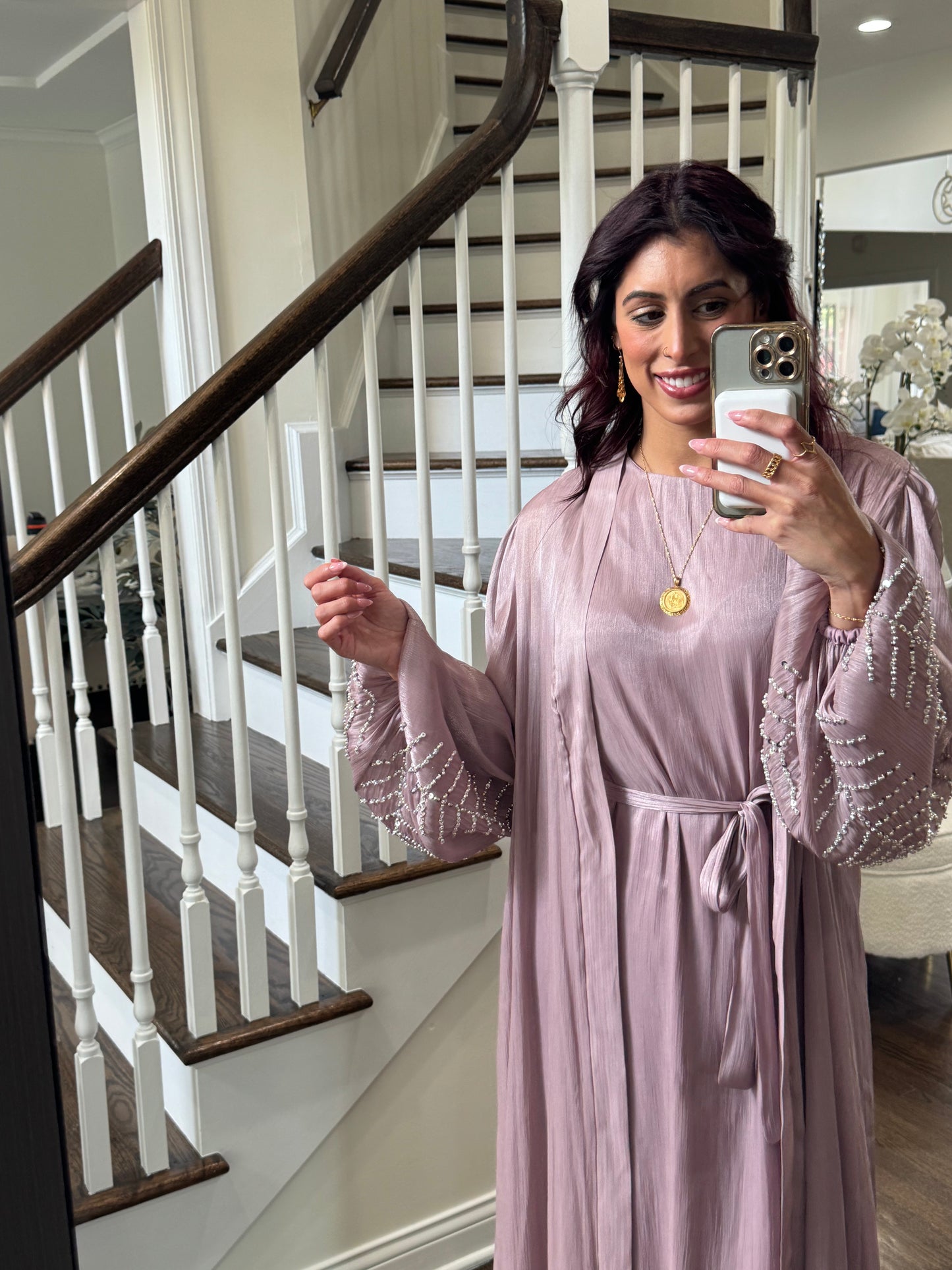 Organza beaded kimono two-piece Abaya