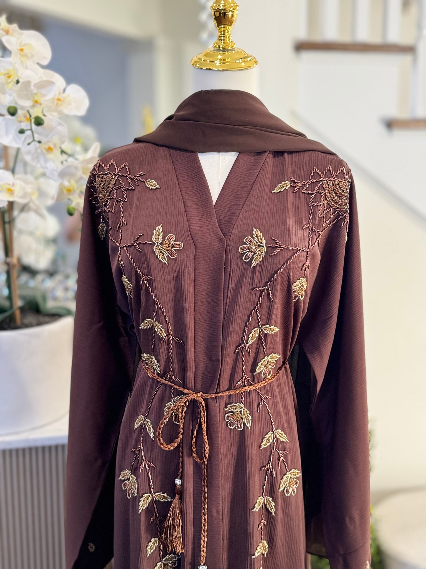 Brown Embellished Dubai Satin Abaya