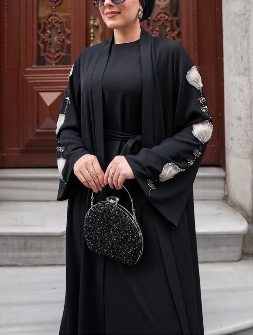 Black Embellished Organza Handwork Flower Abaya set