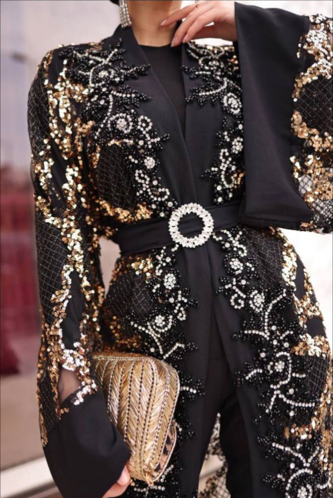 Handwork Sequins and Beaded Mesh Black Abaya with Wide Sleeves