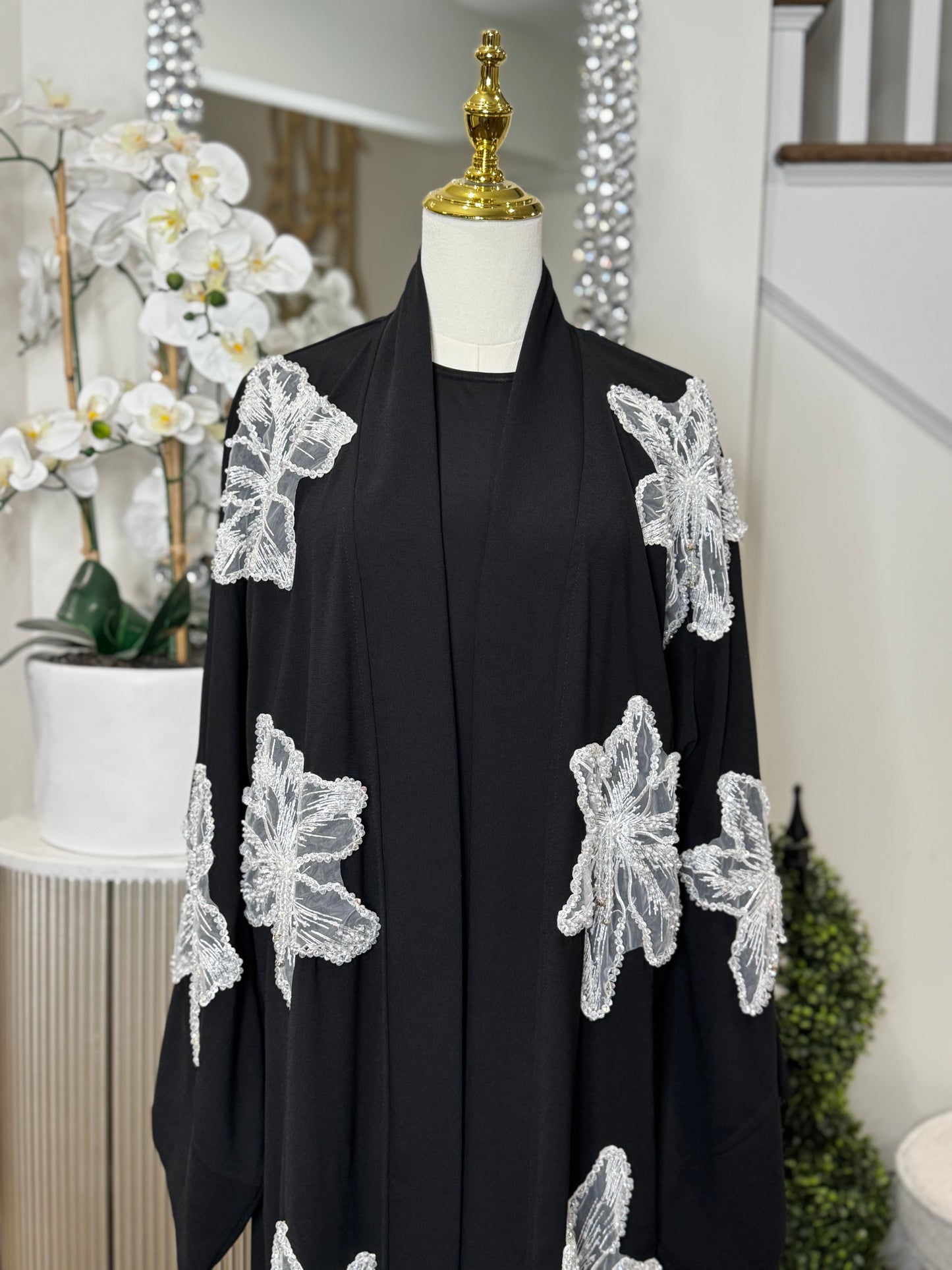 Lace Blossoms Cequin Floral Detailing on a Luxurious Open Abaya