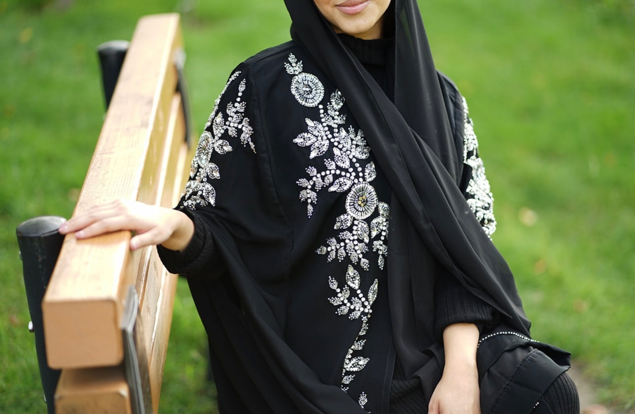 LUXURY EMERALD BLACK EMBELLISHED Beaded CAPE ABAYA