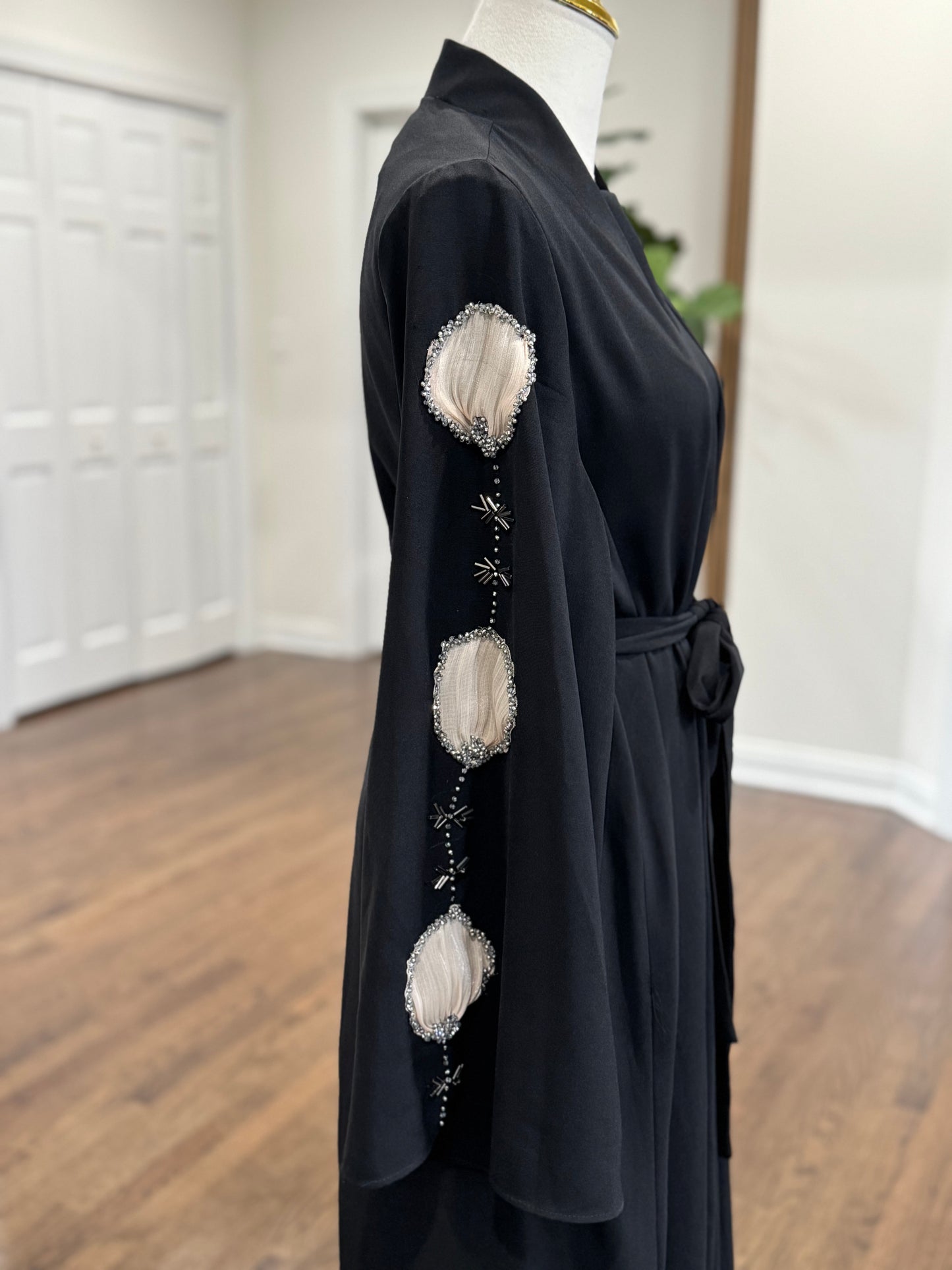 Black Embellished Organza Handwork Flower Abaya set