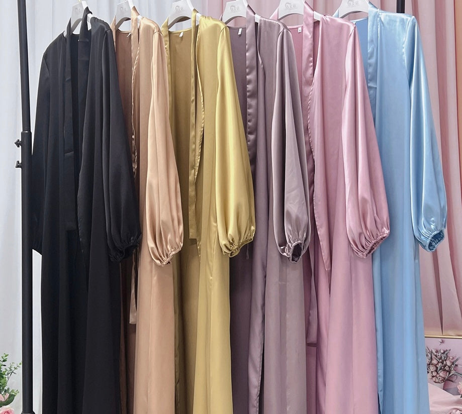 Satin Kimono Cardigan Bubble Sleeves Abaya