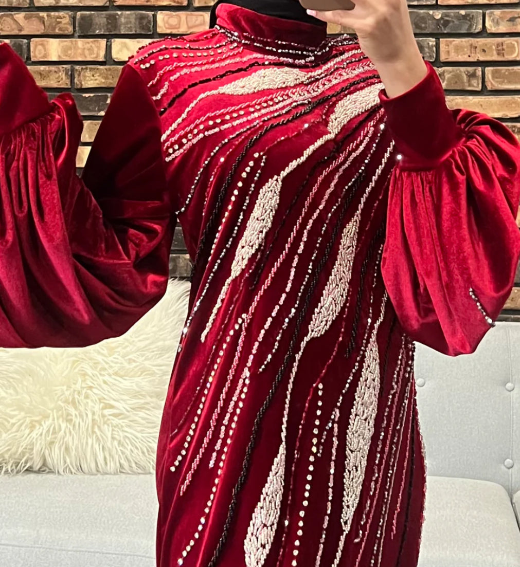 Beaded ball sleeve Handwork embellished beaded Turtle neckline straight velvet dress
