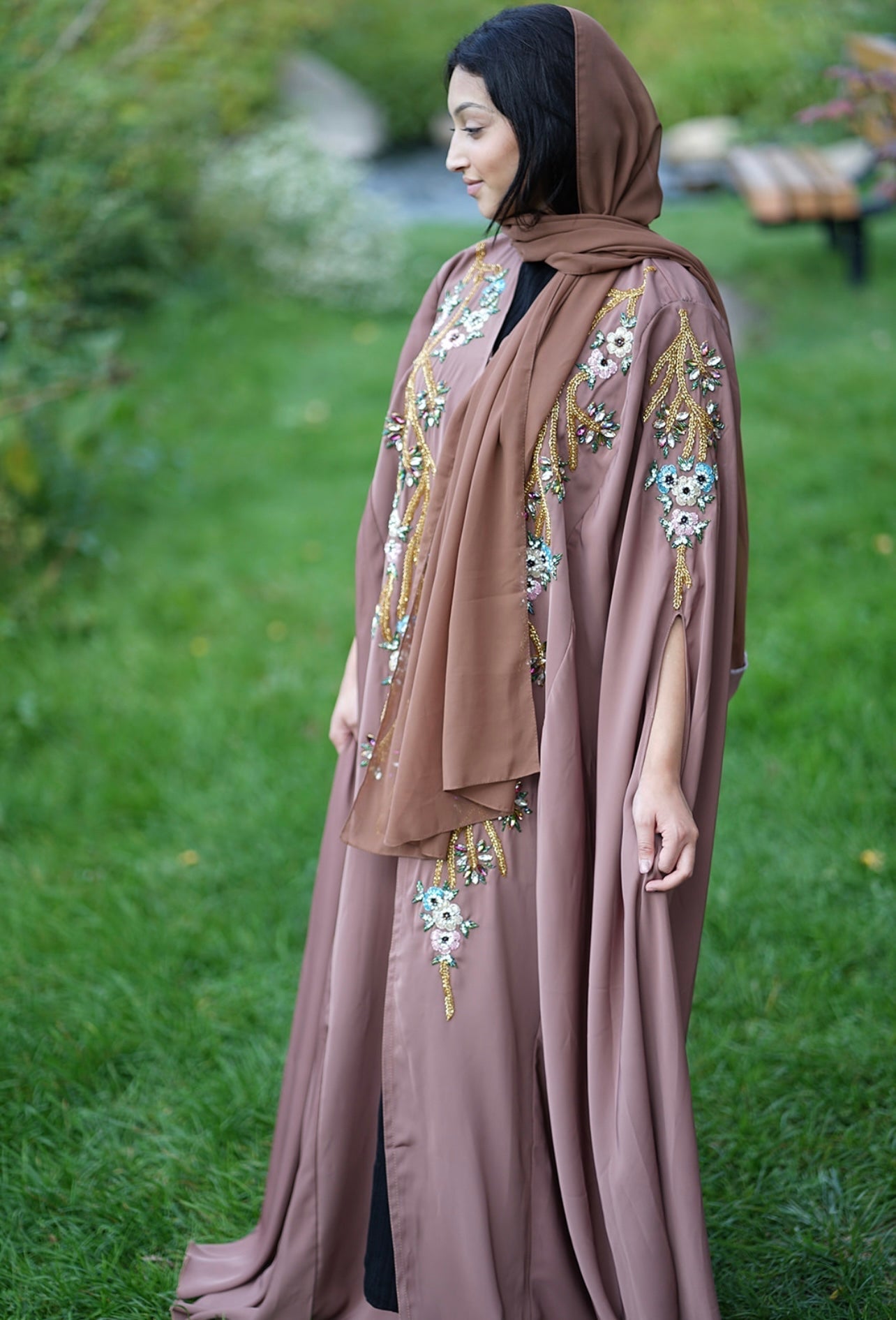 Handwork Embellished Colored beads Luxury Butterfly Cape Opne Abaya Camel Color