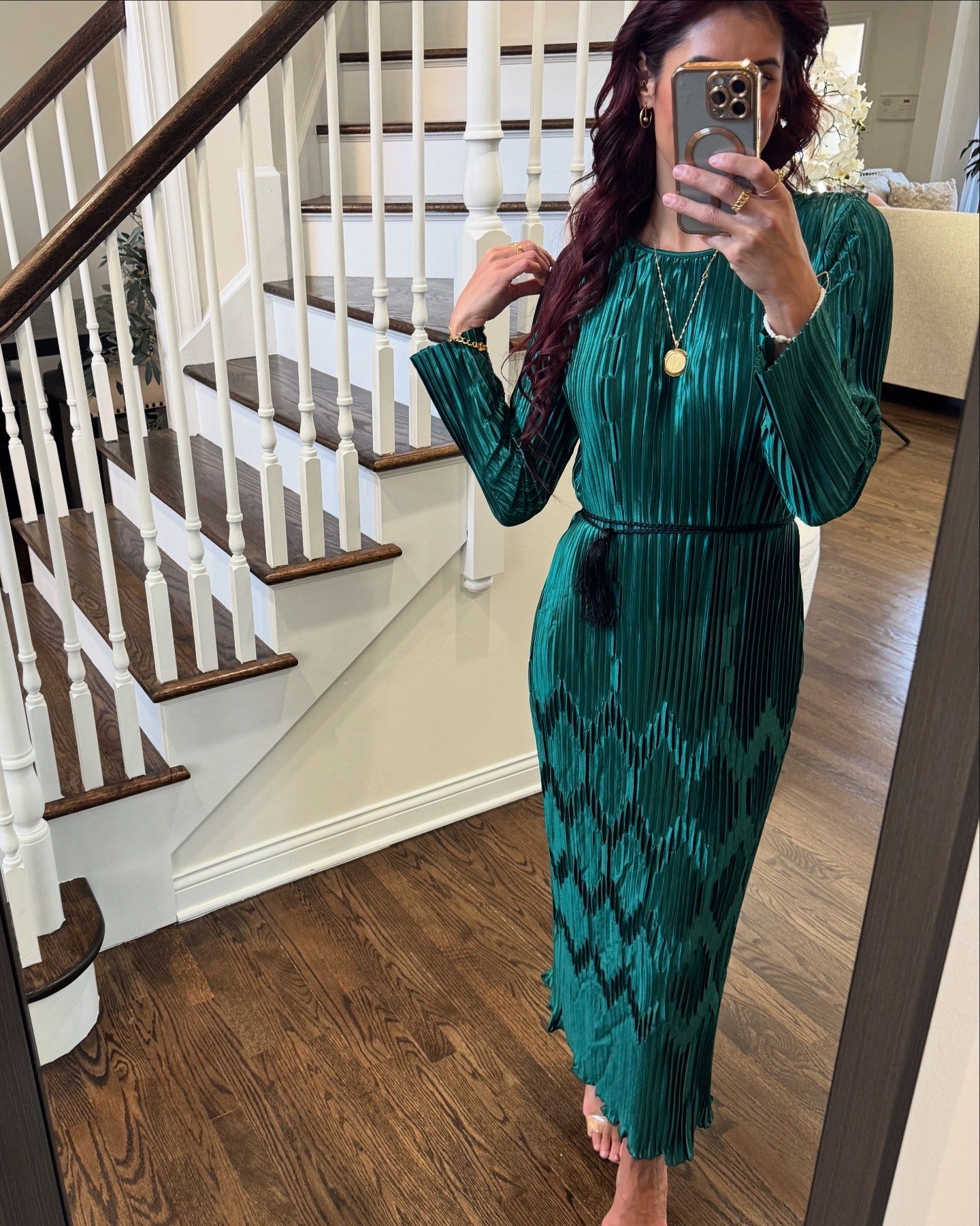 Long Sleeve Pleated Silk Maxi Belted Dress