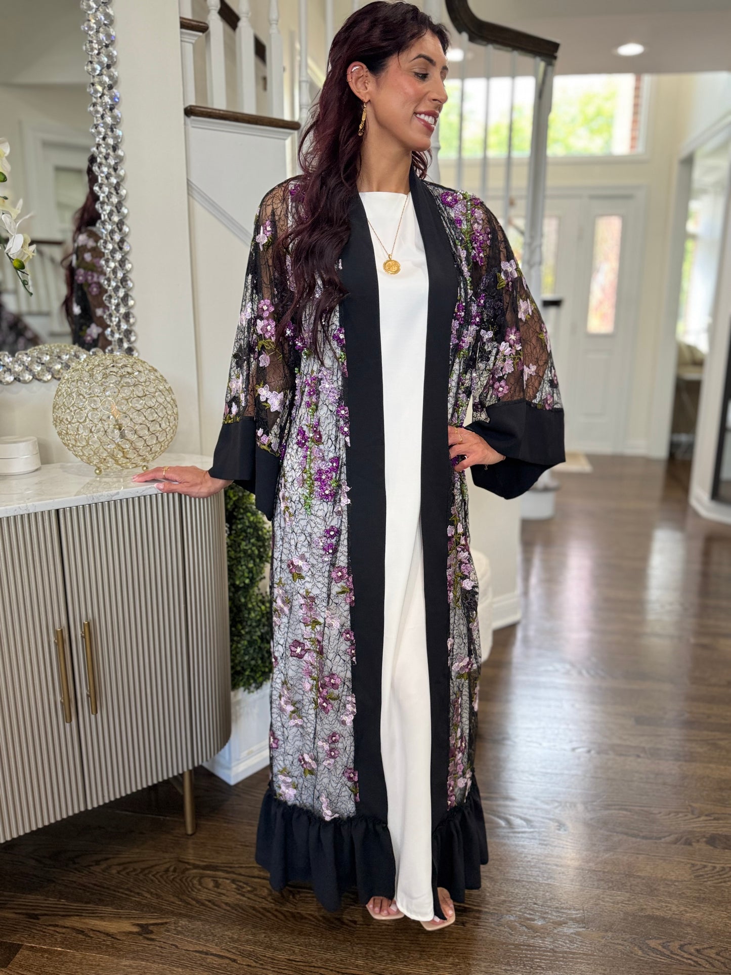 Handwork Embroidered and Beaded Mesh Black Abaya with Wide Sleeves