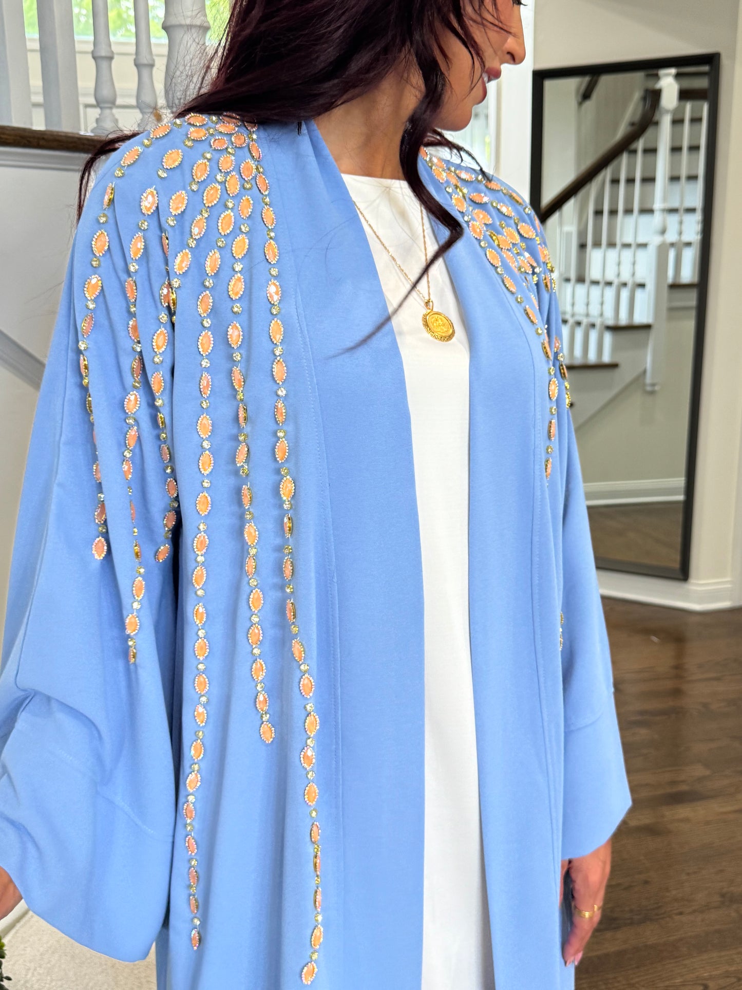 Embellished Open Abaya With Handwork Glass Beads wide Sleeves