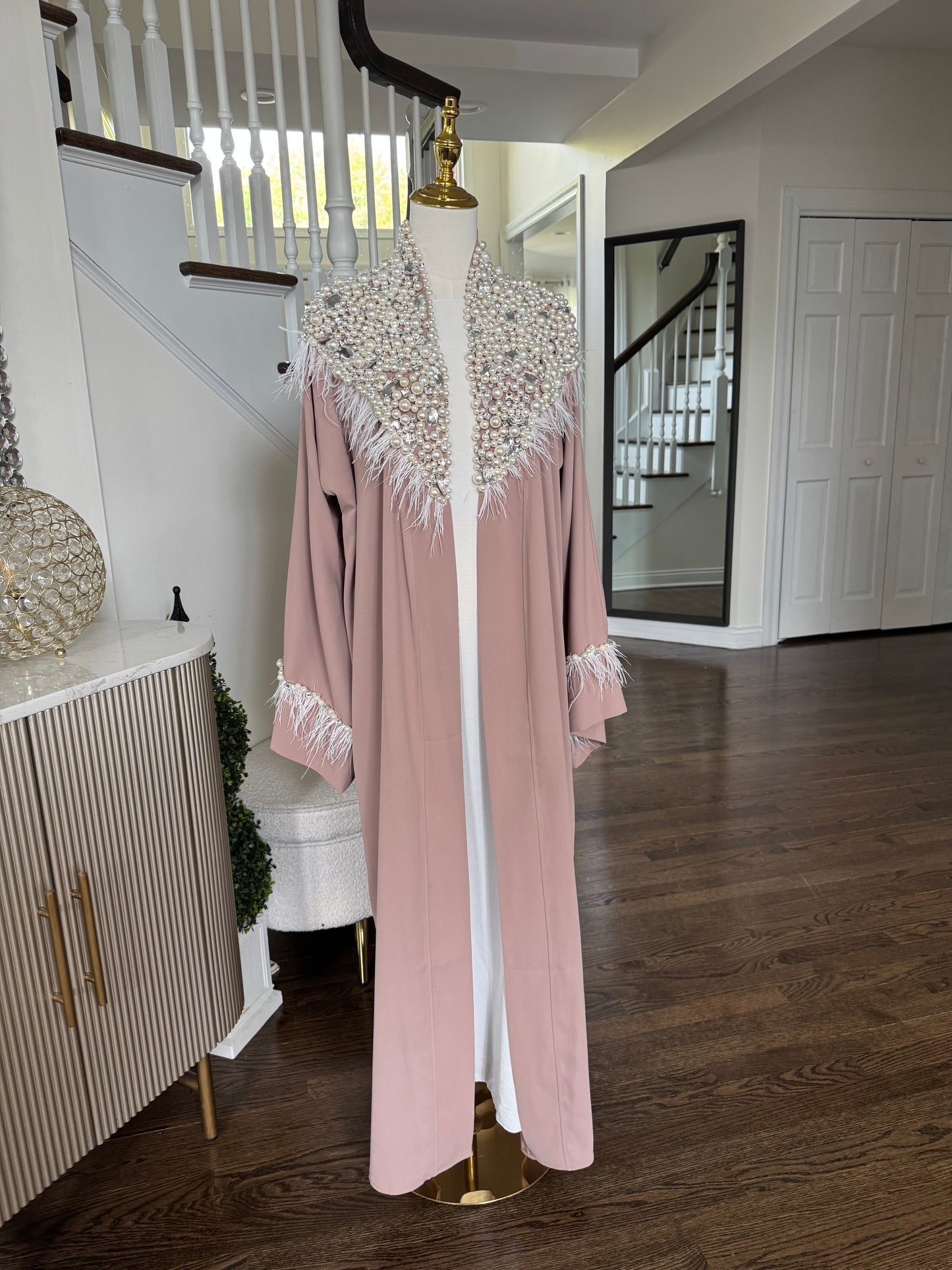 Pearls Mocha Handwork Beaded Open Abaya with Feather Detailing