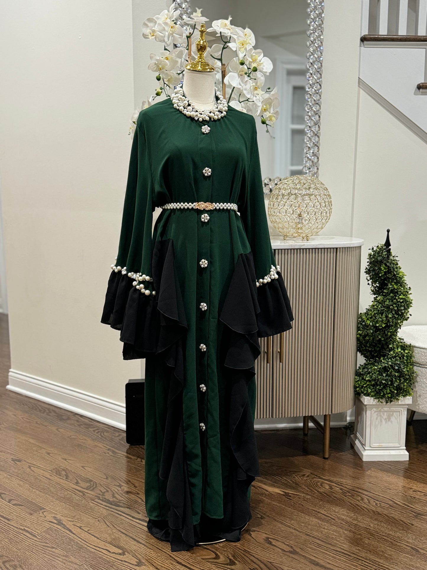 Stunning Pearls/ crystal Neckline Forest Green Dress Abaya