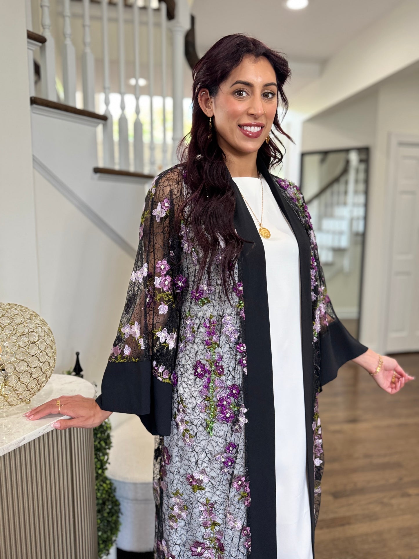 Handwork Embroidered and Beaded Mesh Black Abaya with Wide Sleeves