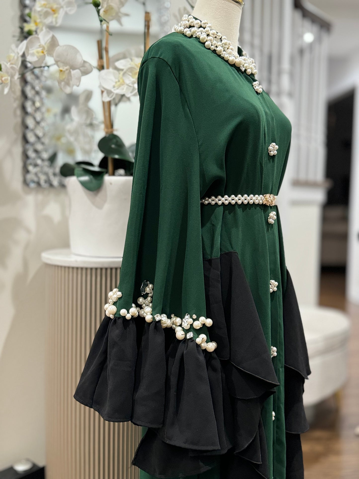 Stunning Pearls/ crystal Neckline Forest Green Dress Abaya