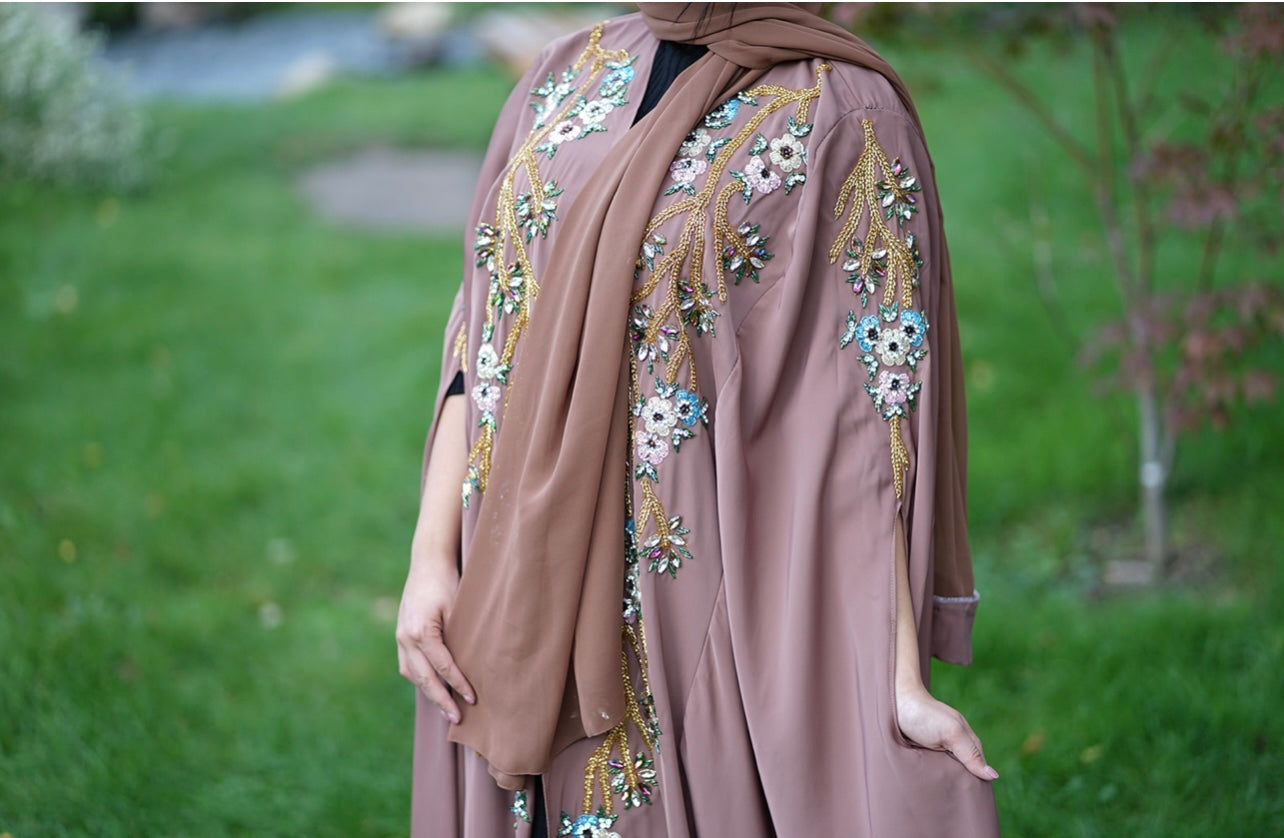 Handwork Embellished Colored beads Luxury Butterfly Cape Opne Abaya Camel Color