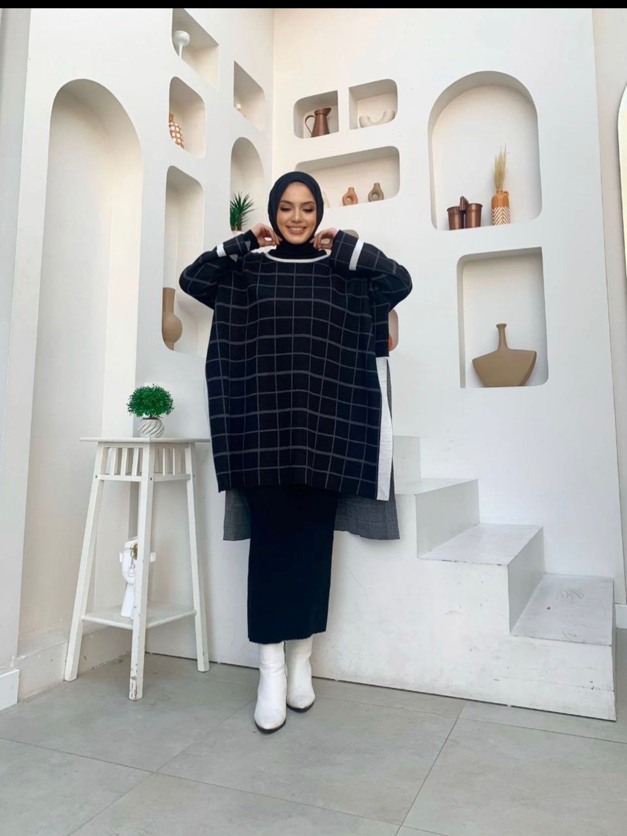 PLAID PATTERN Knitwear Open Slit Sweater Top