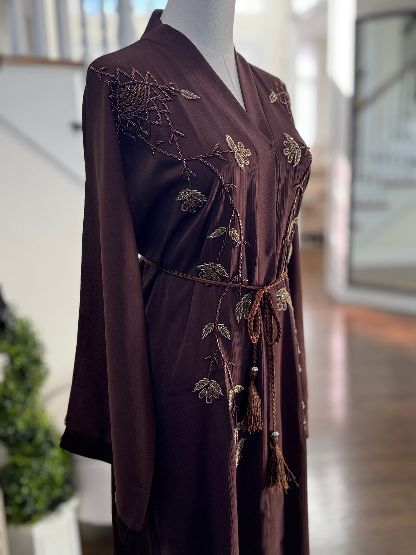 Brown Embellished Dubai Satin Abaya