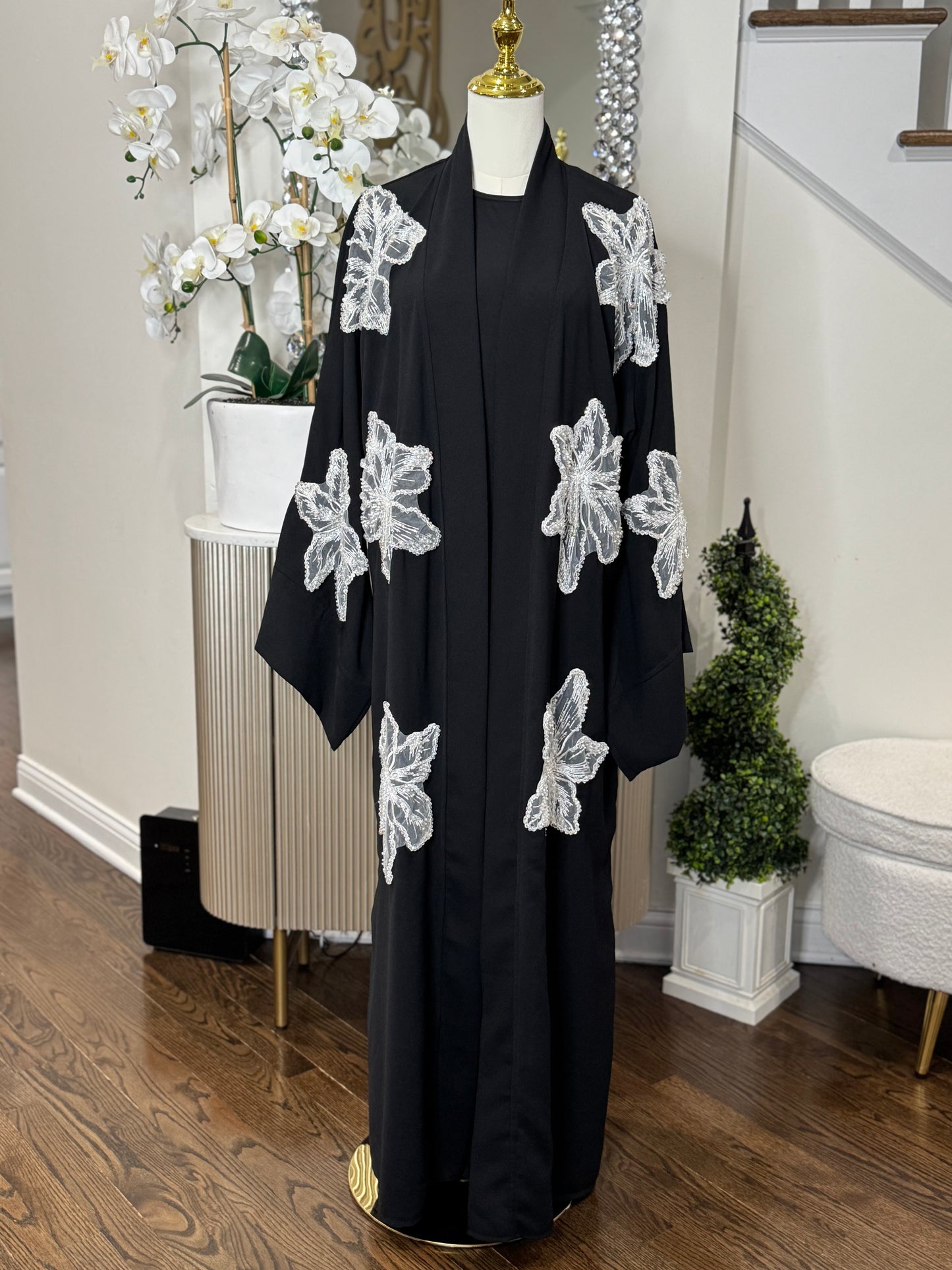 Lace Blossoms Cequin Floral Detailing on a Luxurious Open Abaya