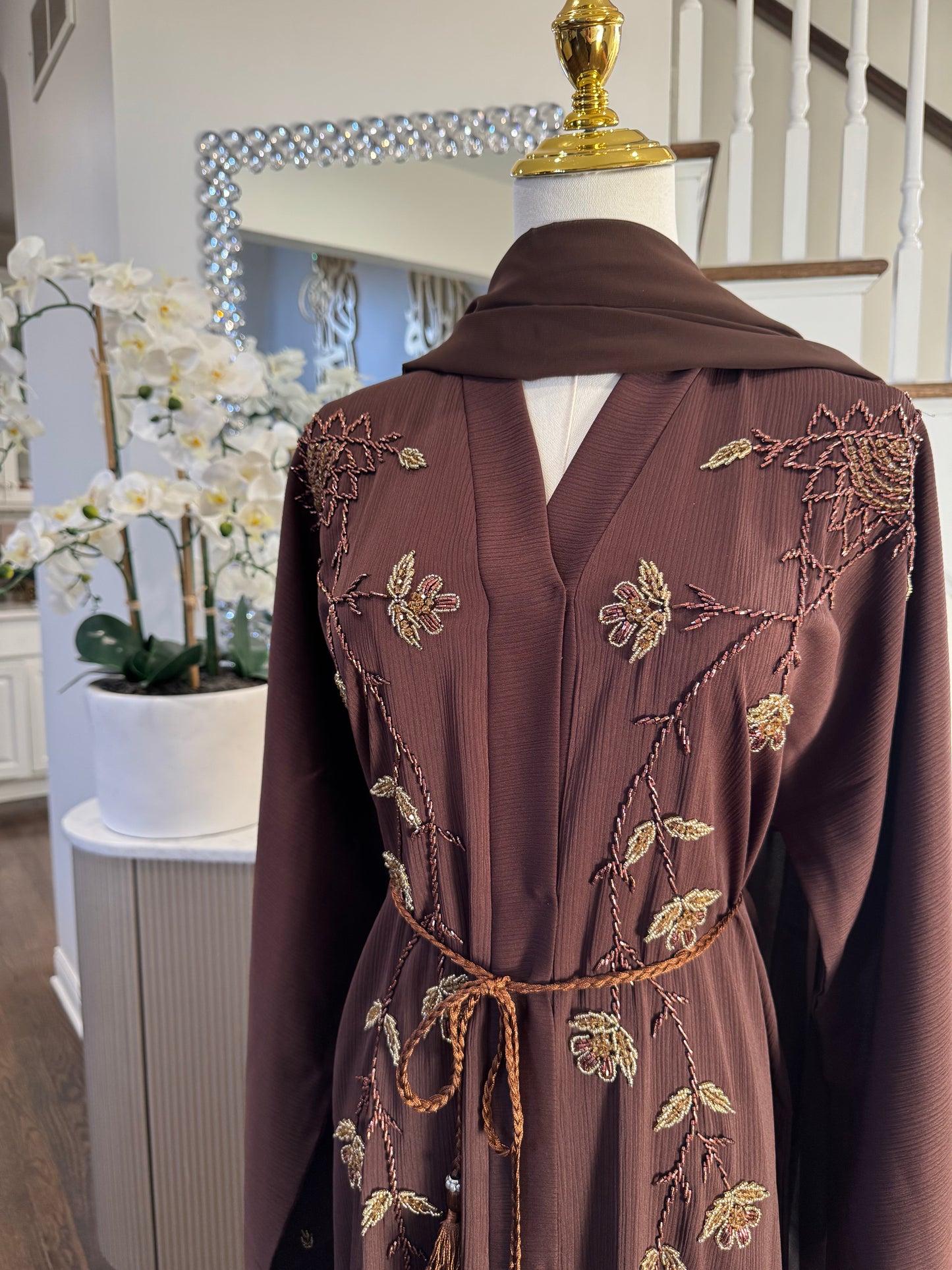 Brown Embellished Dubai Satin Abaya