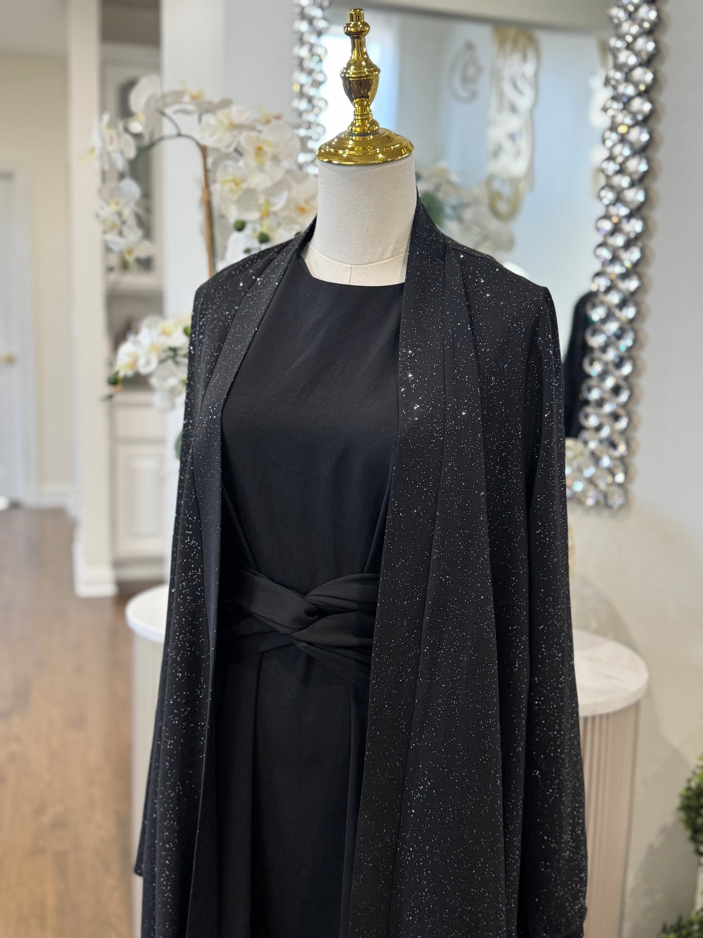 shimmering Chic Waist Wrap Tied Abaya set