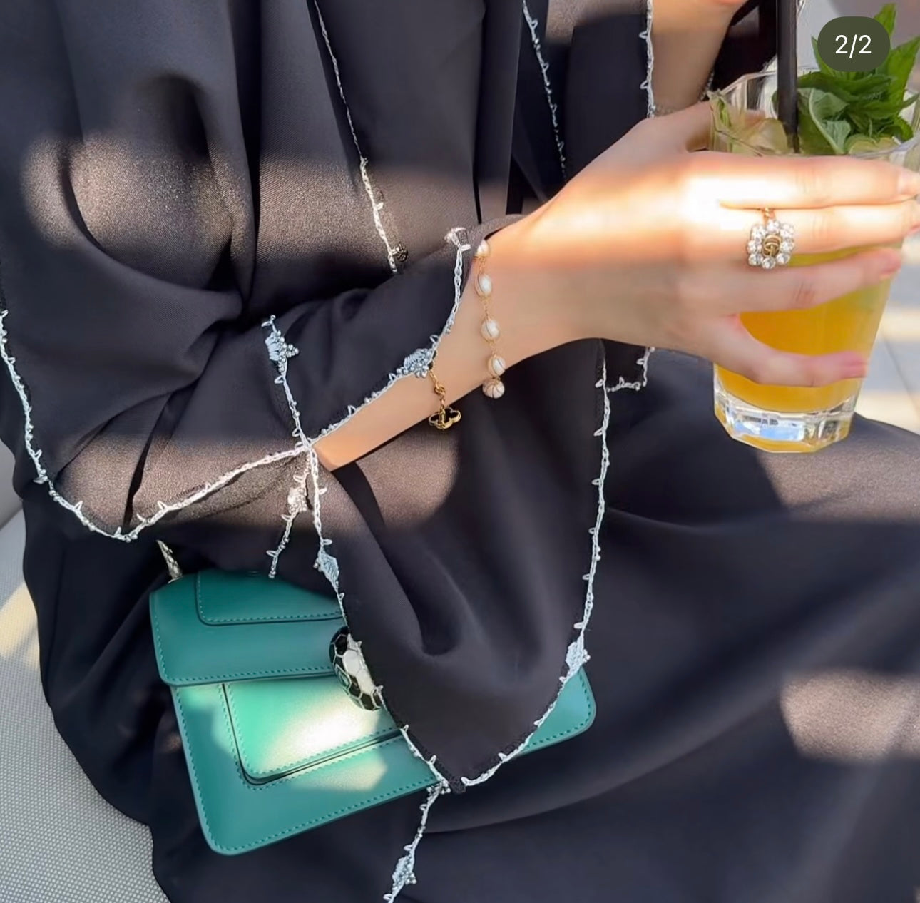 3 pcs elegant Black crochet beaded trim abaya set