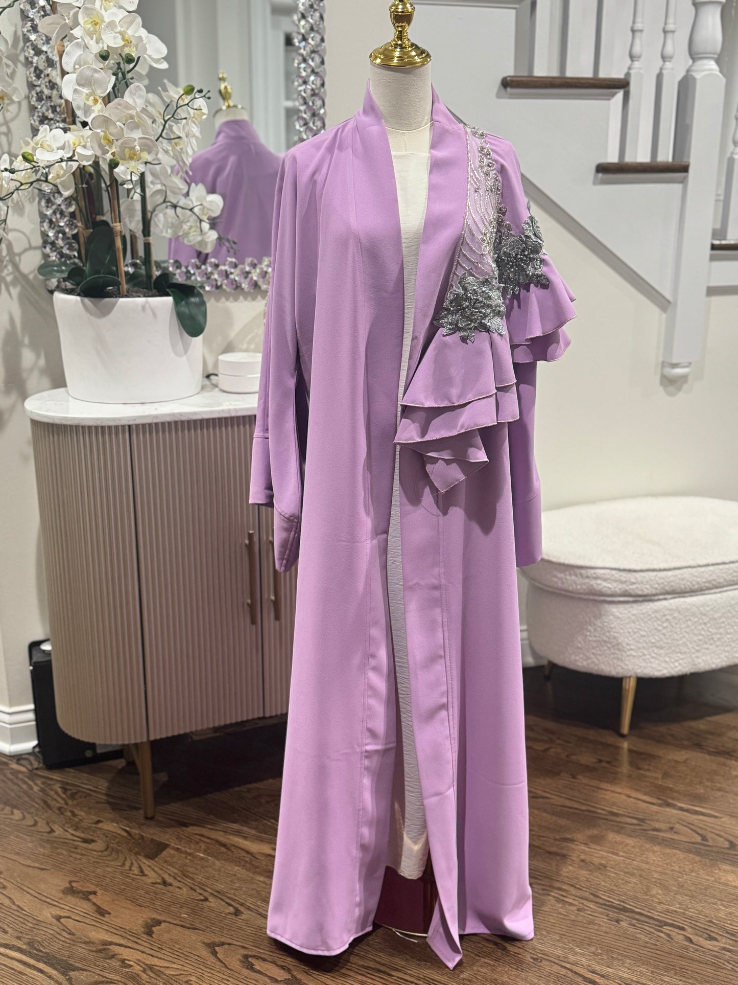 Elegant Ruffed Embellished lavander open abaya