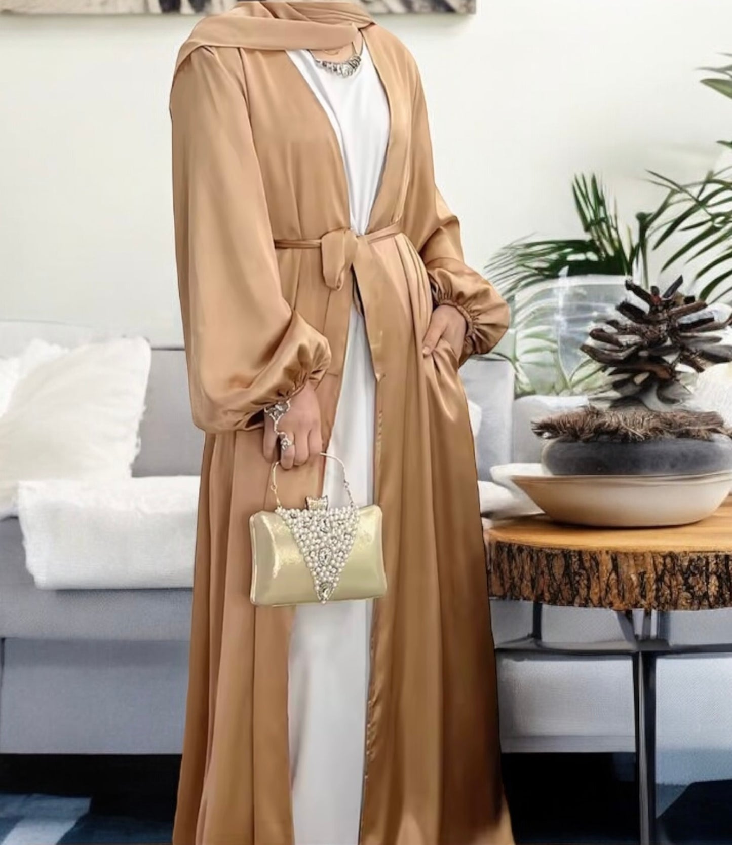 Satin Kimono Cardigan Bubble Sleeves Abaya