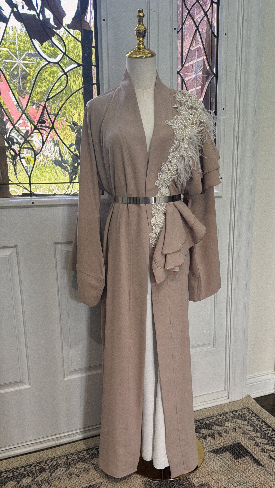 Elegant Ruffed Embellished Taupe open abaya
