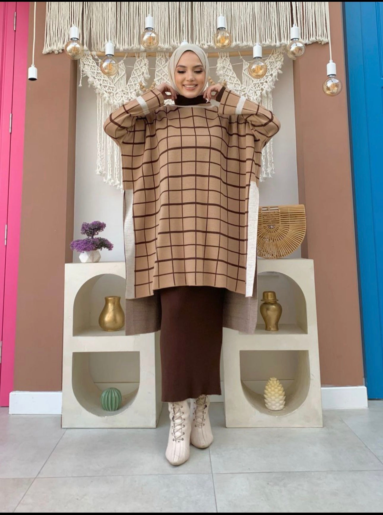 PLAID PATTERN Knitwear Open Slit Sweater Top