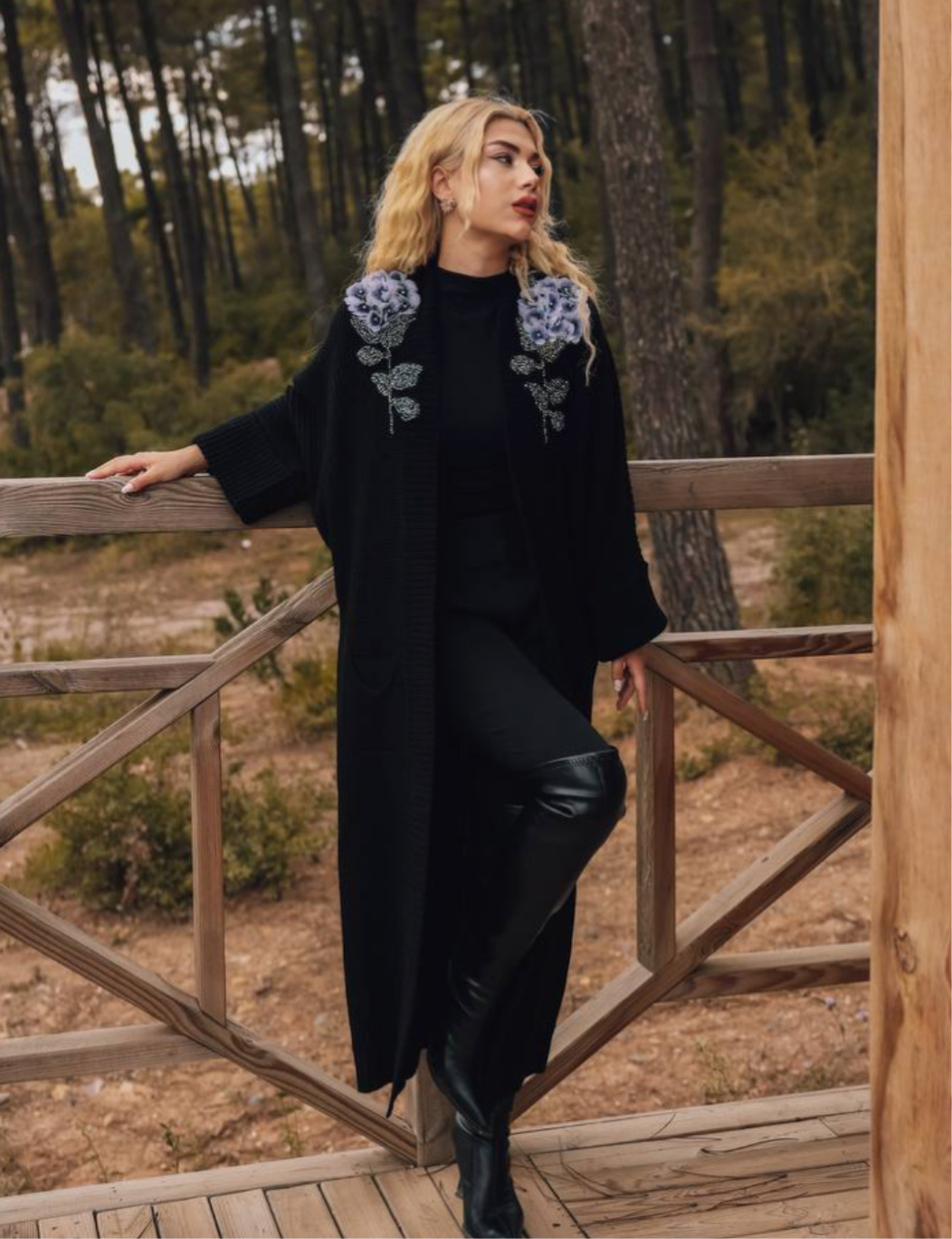 Embellished Beaded Black Knit Cardigan With Blue Hydrangeas Flower