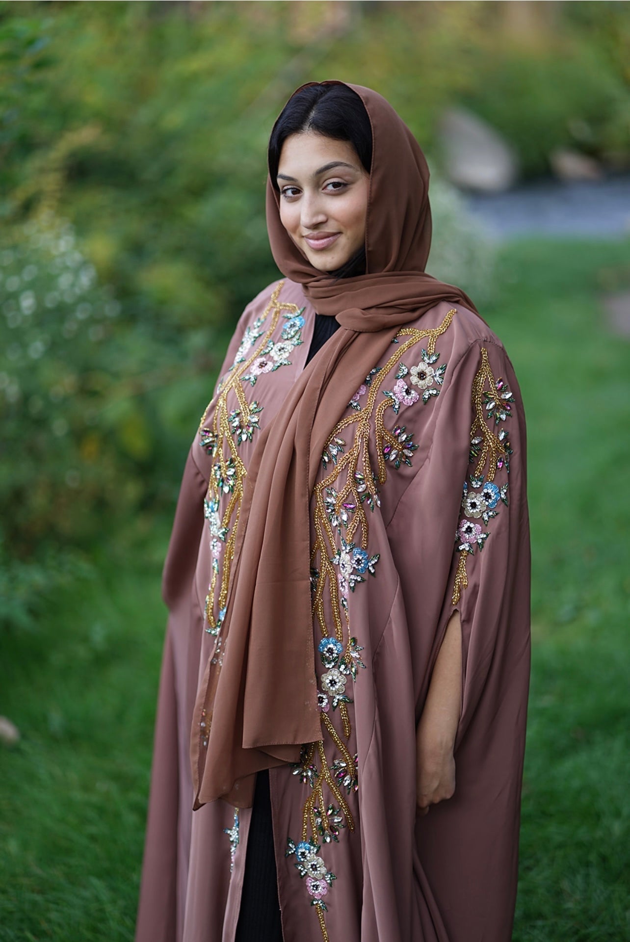 Handwork Embellished Colored beads Luxury Butterfly Cape Opne Abaya Camel Color