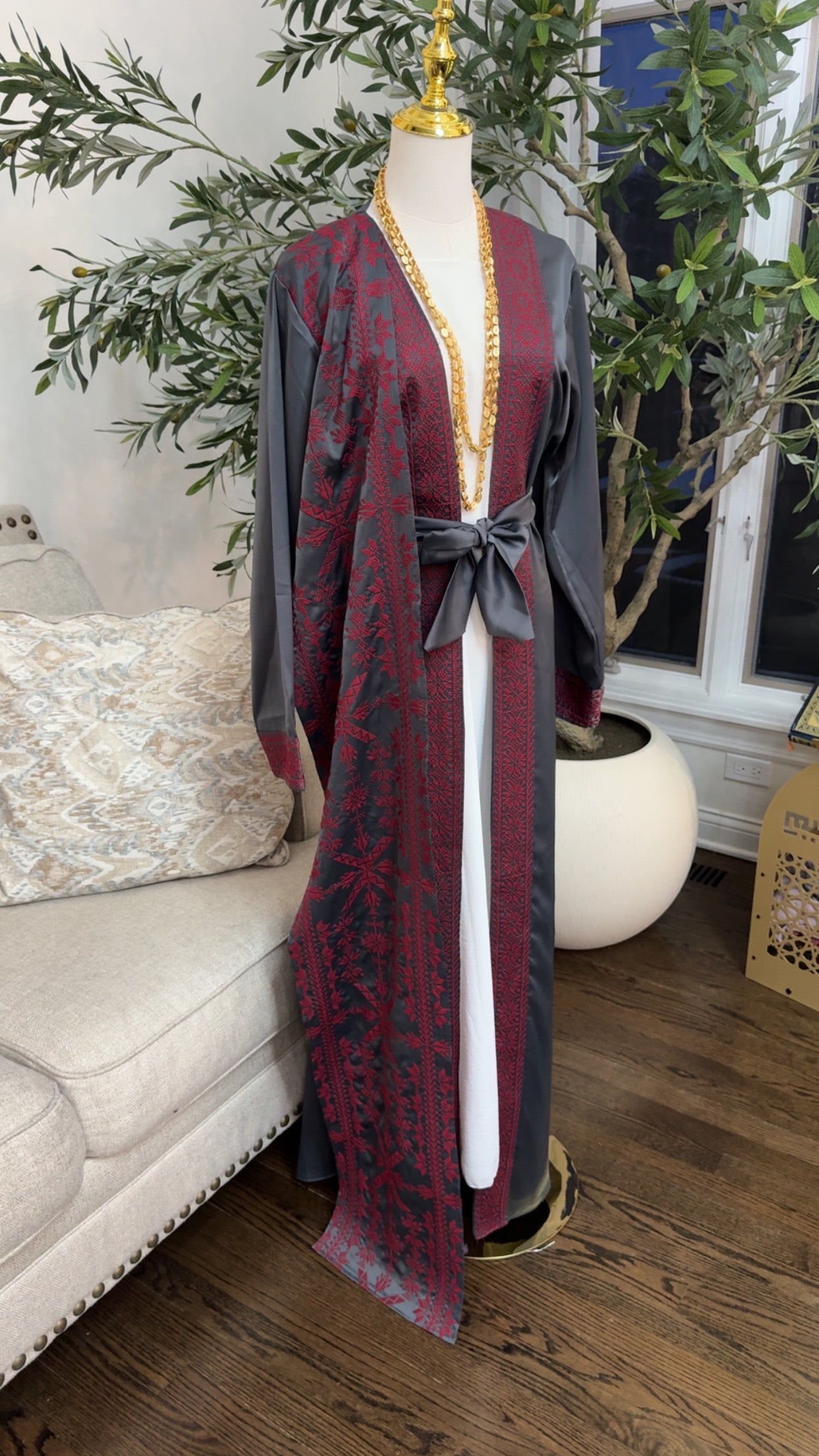 Luxury Charcoal Abaya with Red Embroidery Tatreez Thobe