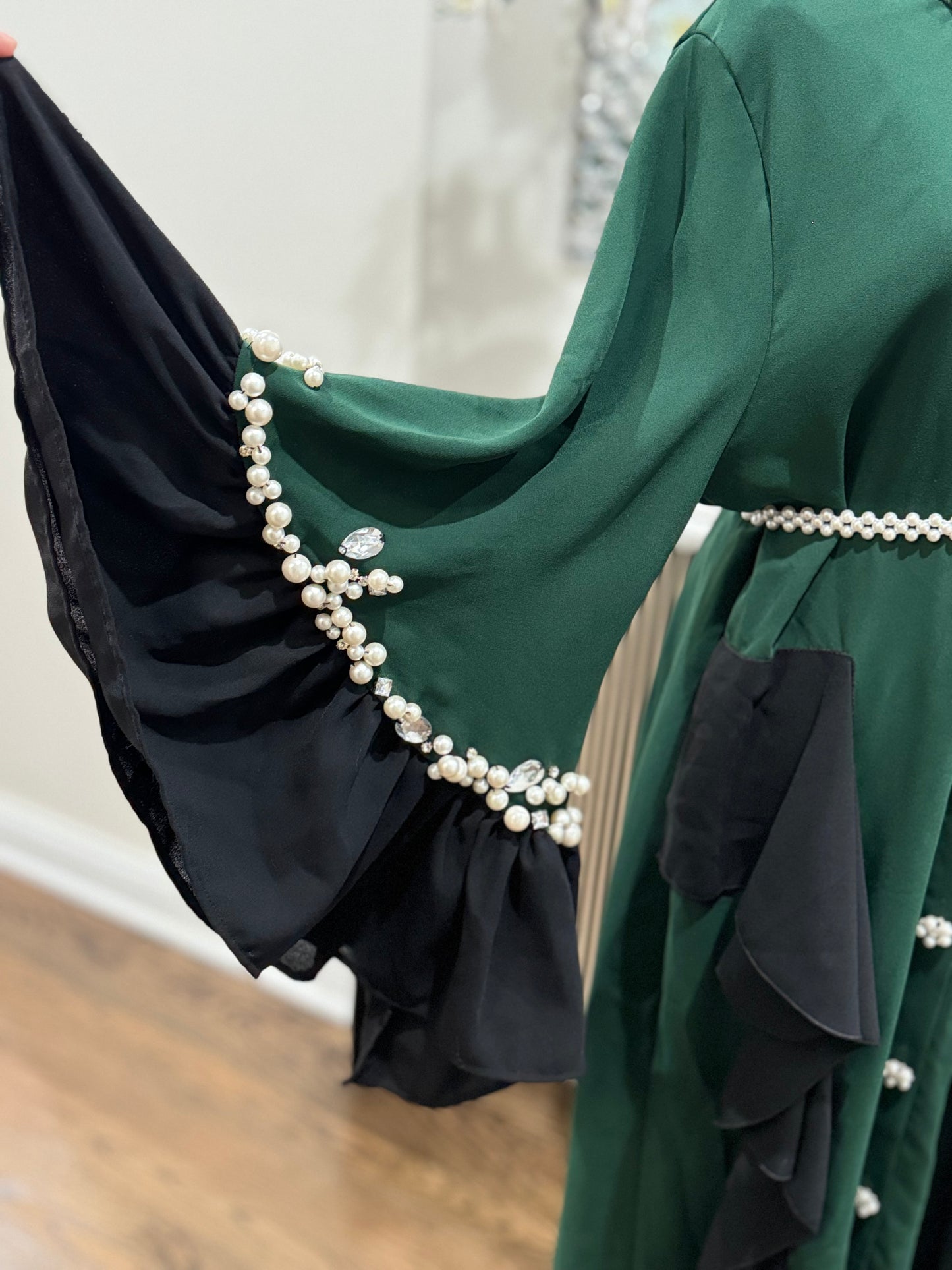 Stunning Pearls/ crystal Neckline Forest Green Dress Abaya