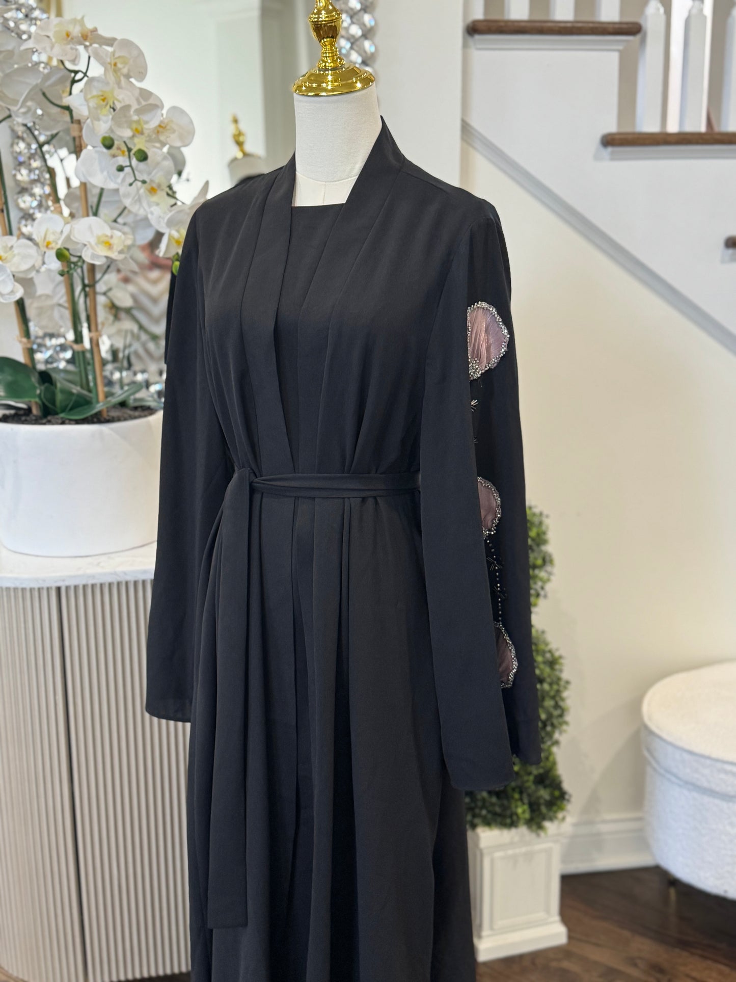 Black Embellished Organza Handwork Flower Abaya set