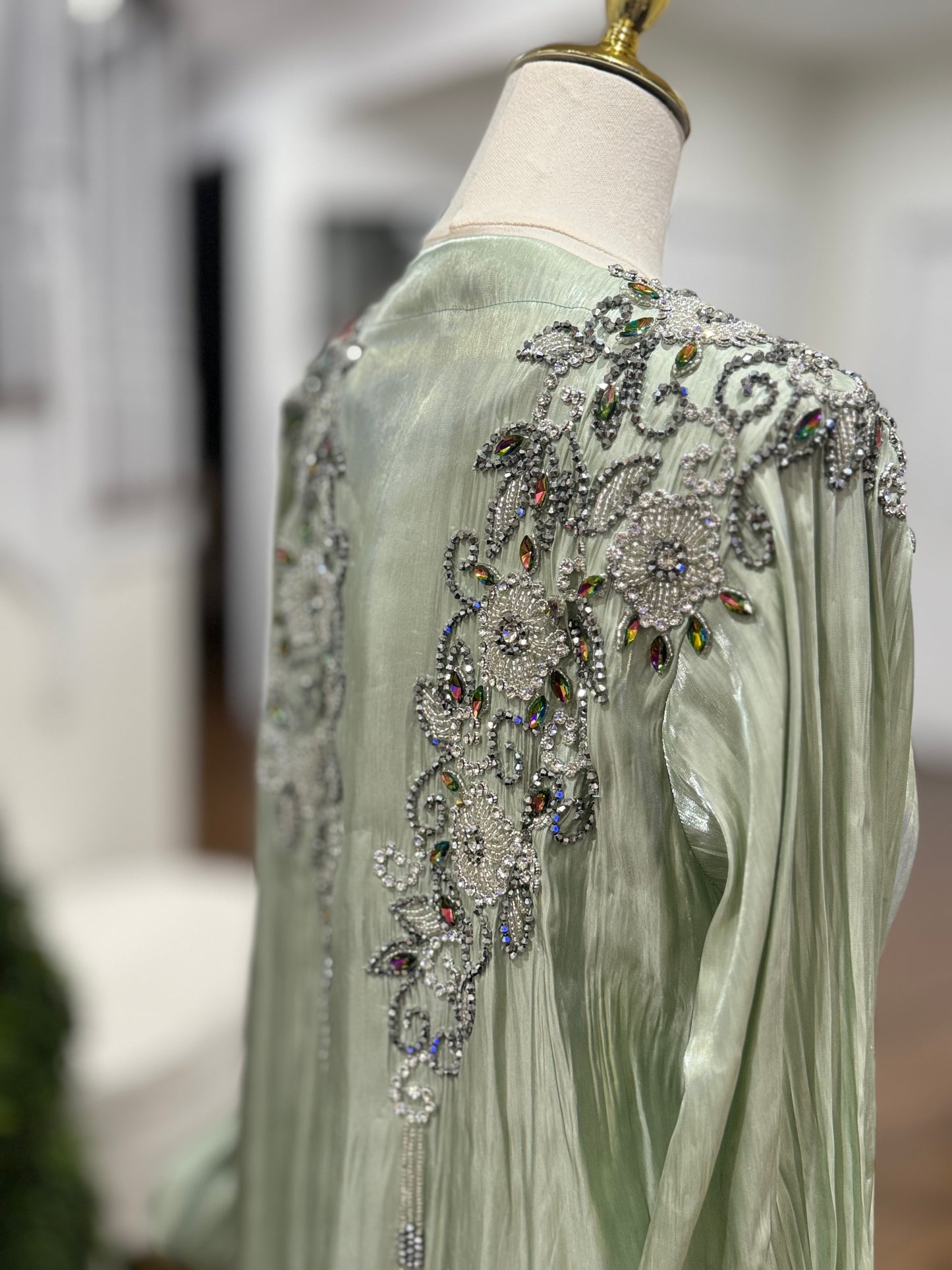 4 Pcs Embellished Beaded Organza Open Abaya Sage