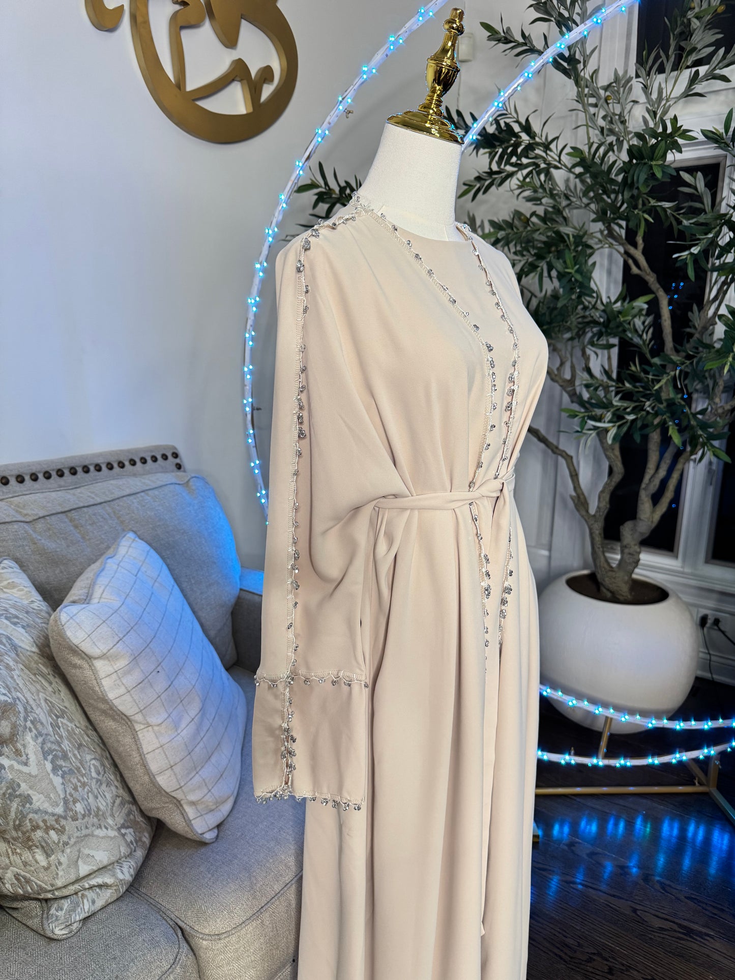 3 pcs elegant Nude crochet beaded trim abaya set