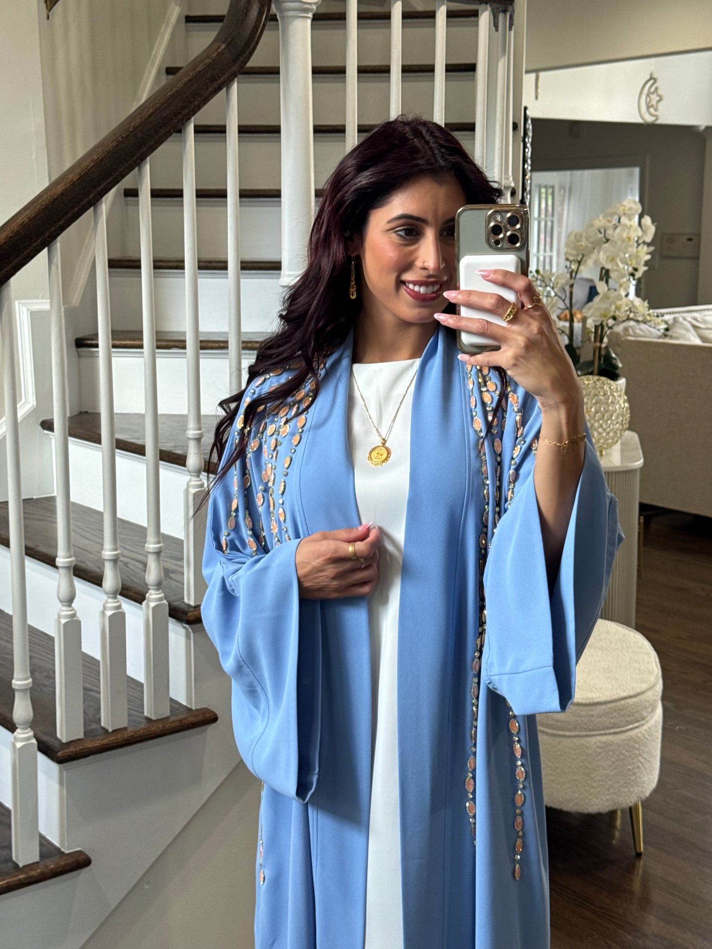 Embellished Open Abaya With Handwork Glass Beads wide Sleeves