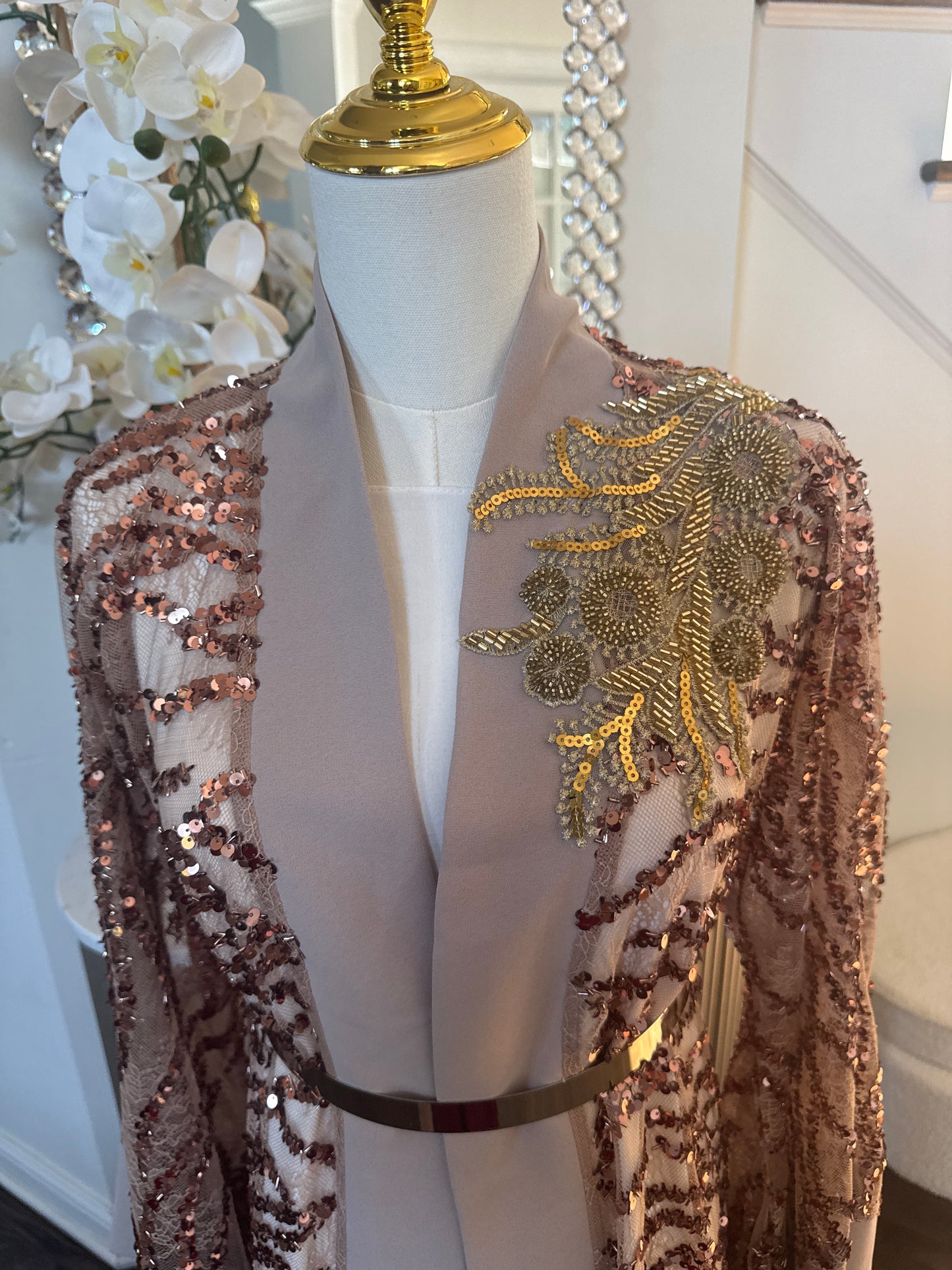 Golden Sequence Elegance Ruffled Open Abaya
