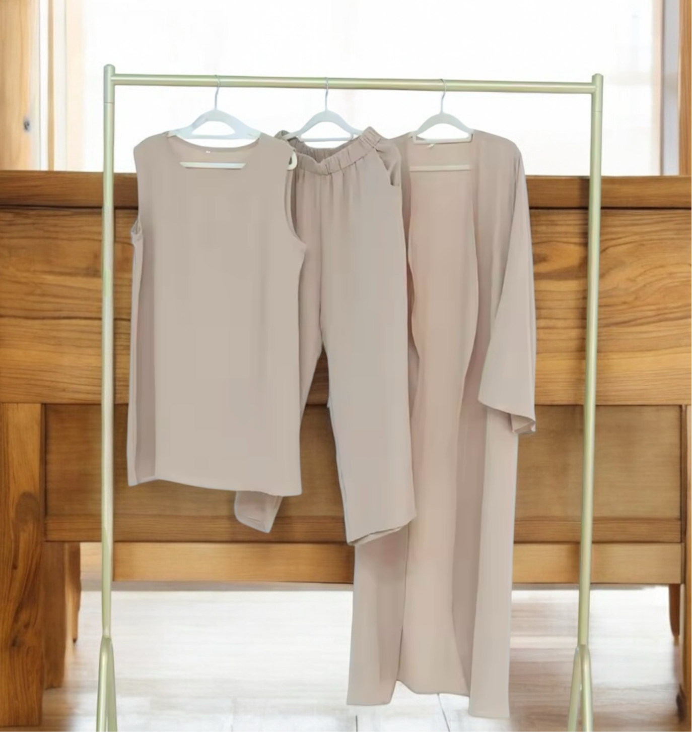 3 Pieces Set Plain Open Abaya Top and Pants Suit Sets