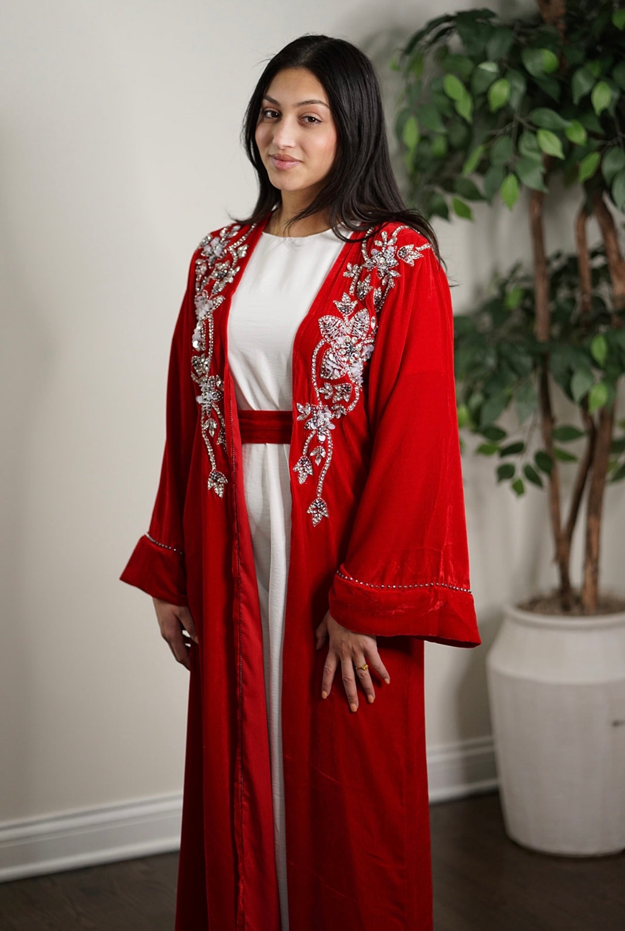 LUXURY VELVET EMBELLISHED FRONT AND BACK EVENING OPEN ABAYA