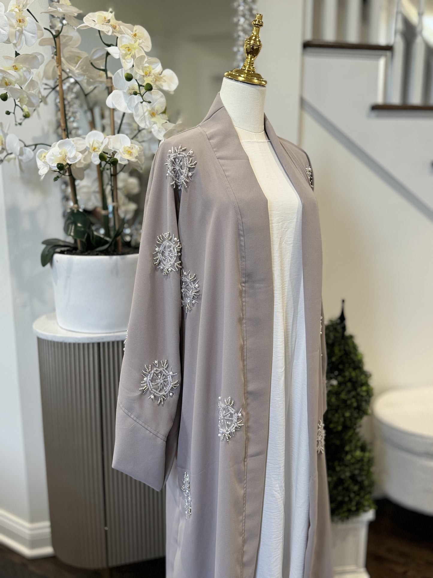 Embellished Handwork Beaded Gray Open Abaya Wide Sleeves