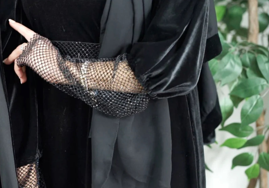 DUBAI Black Velvet Embellished cuffed Abaya ( 4 pcs set)