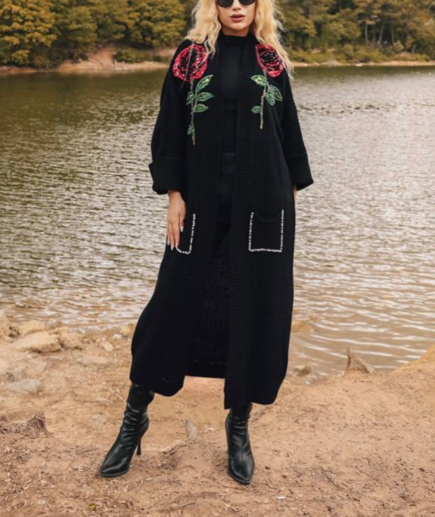 Embellished Beaded Black Knit Cardigan With Red Rose