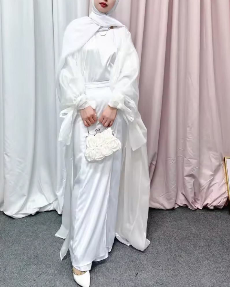 Shiny Puff Sleeve Organza Open Abaya