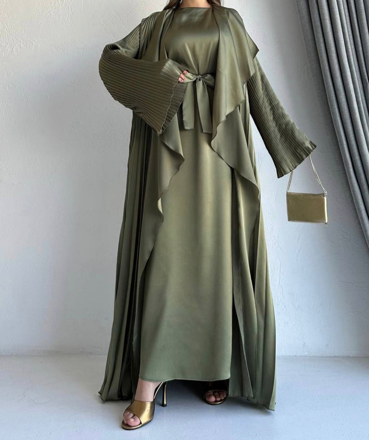 3 Pcs Satin Pleated Open Abaya set