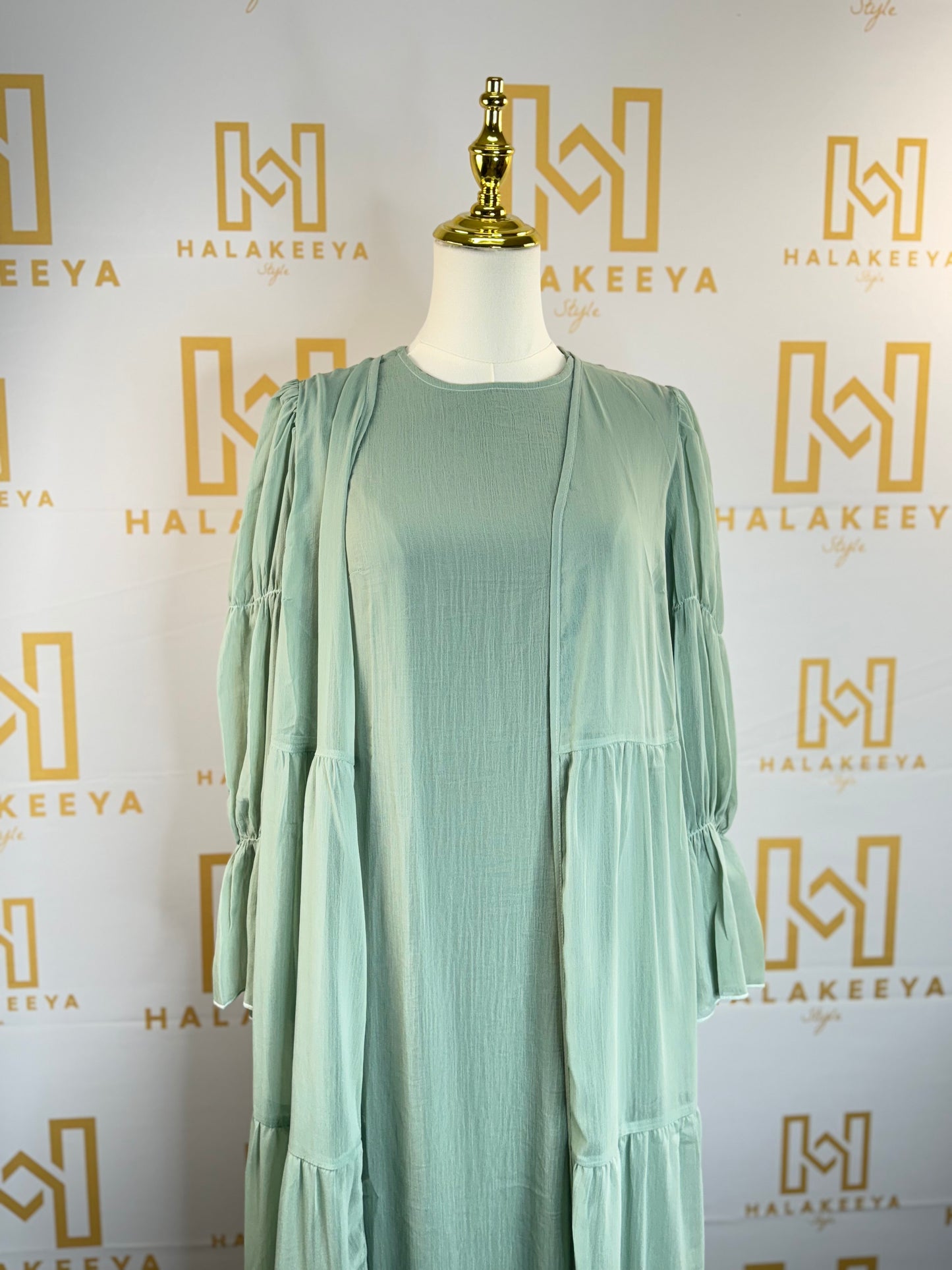 2-Piece Puff Sleeves Chiffon Abaya Set with Belt
