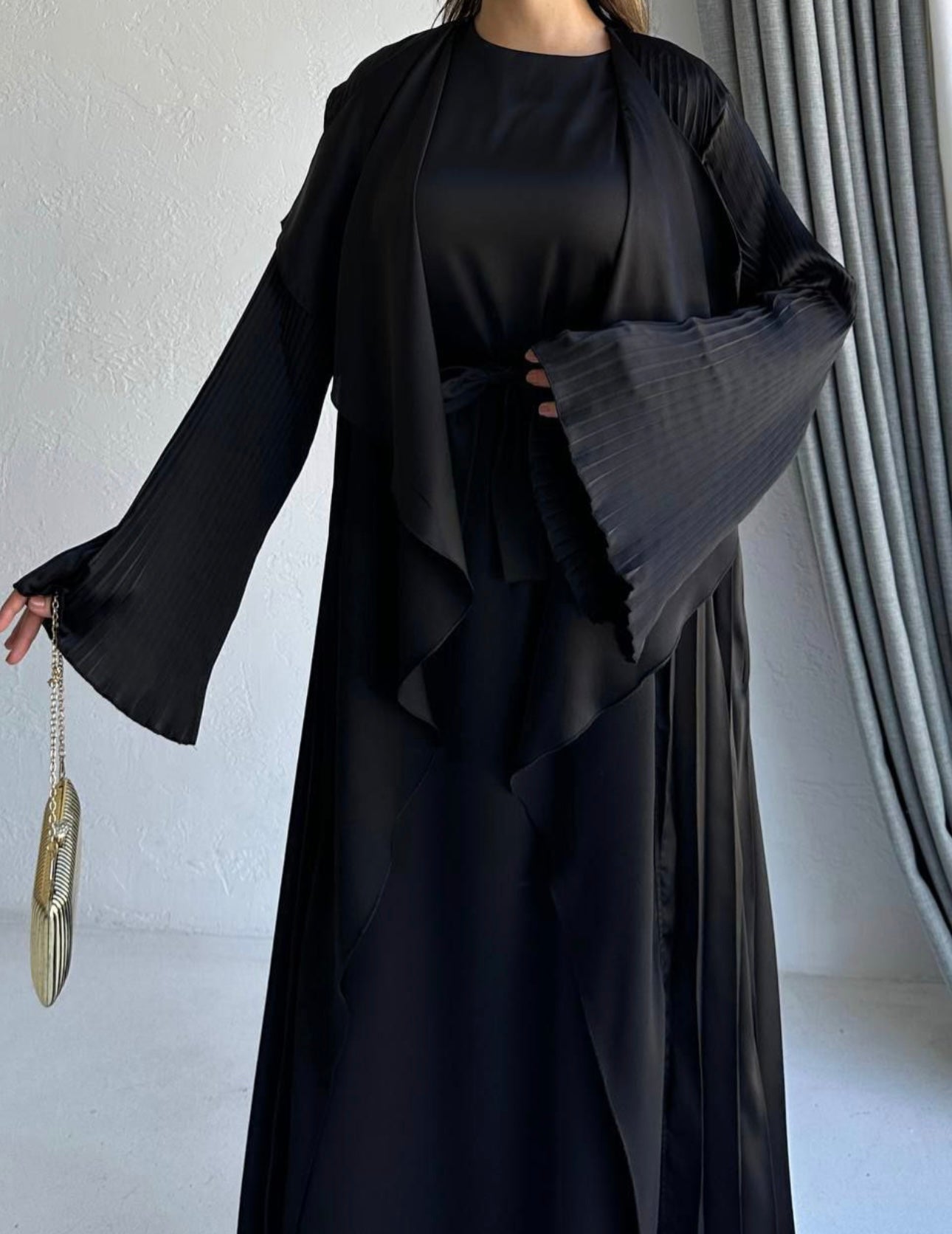 3 Pcs Satin Pleated Open Abaya set