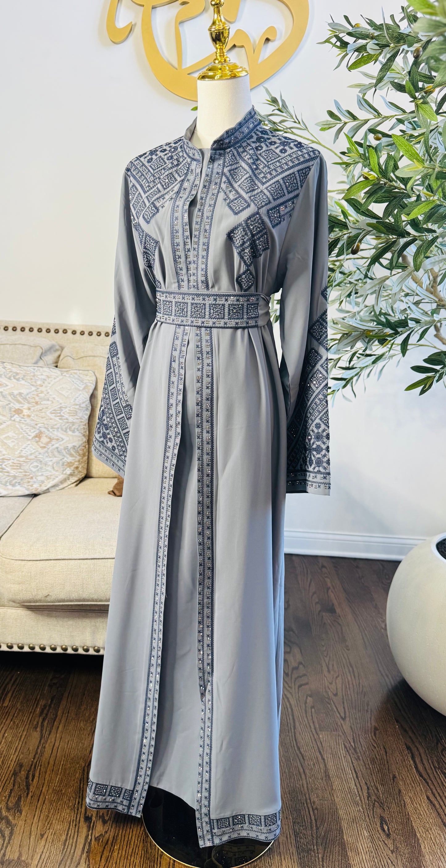 3 pcs Palestinian traditional embroidered tatreez open abaya Thobe