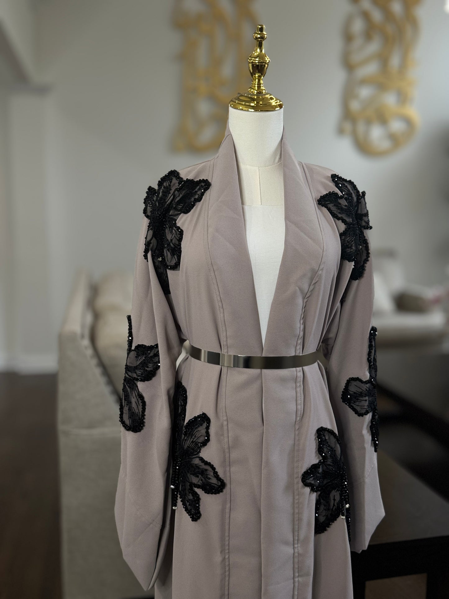 Lace Blossoms Cequin Floral Detailing on a Luxurious Open Abaya