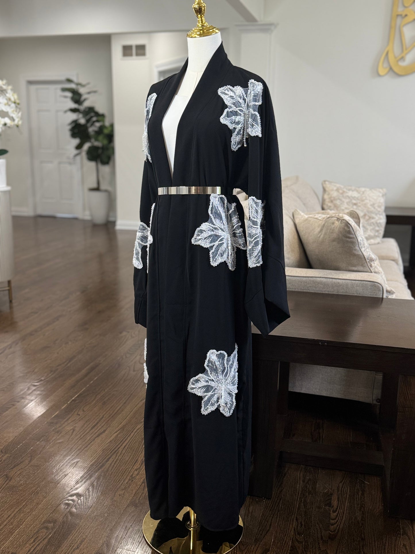 Lace Blossoms Cequin Floral Detailing on a Luxurious Open Abaya