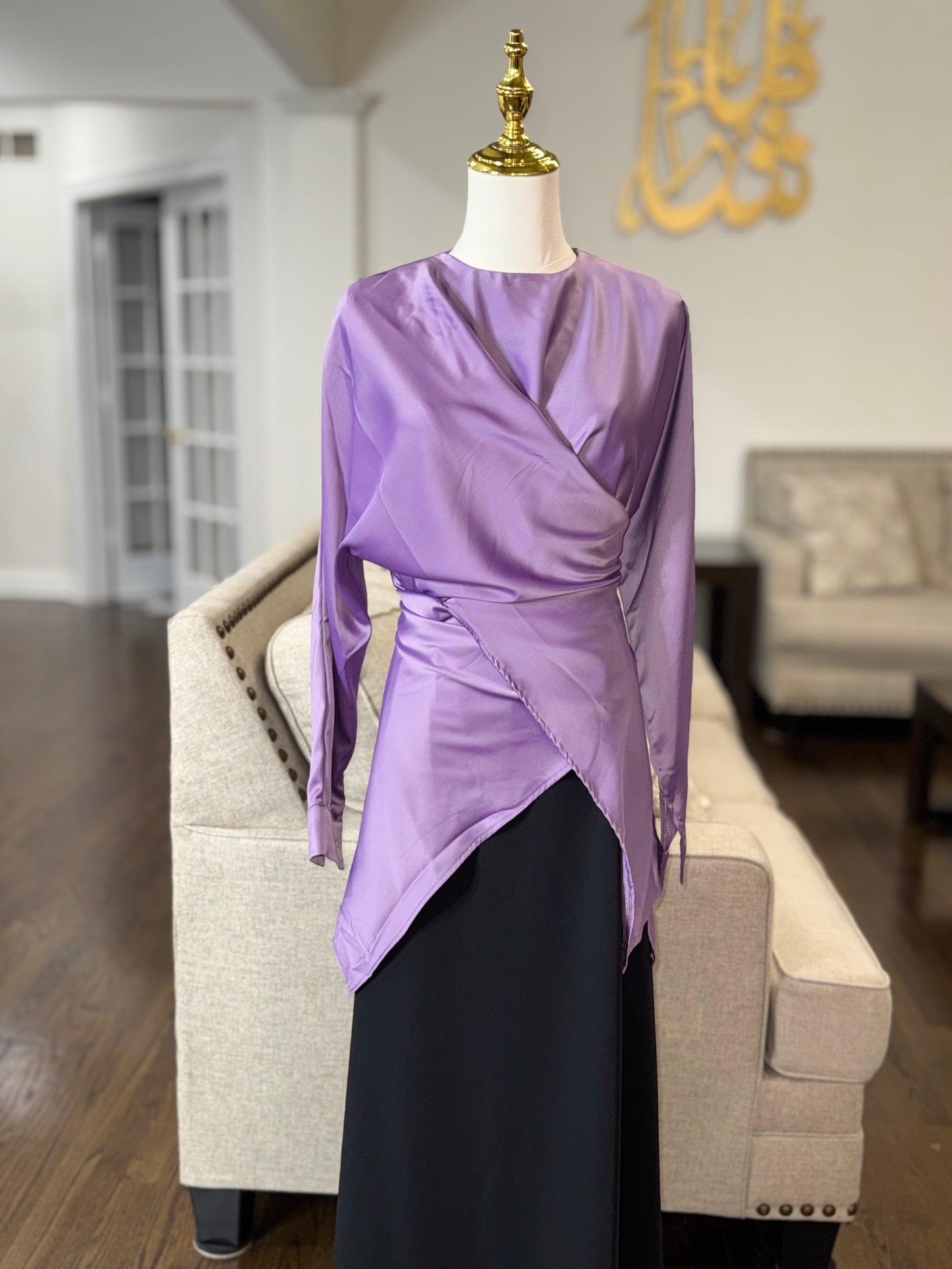Long Sleeves Satin Tie Wrap Blouse